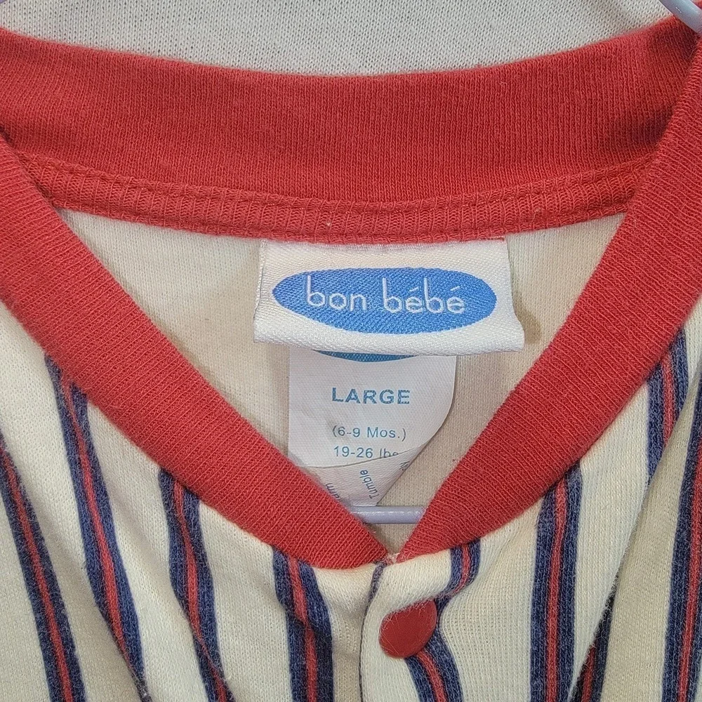 Vtg Bon Bebe Baseball Snap Romper‎ Pinstripe Bear Cream Navy Red 6-9 Months